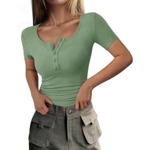 imagePRETTYGARDEN Womens 2025 Spring Summer Short Sleeve Tops Ribbed Henley Button Slim Fit Basic Casual T Shirts Blouse ClothingSage Green