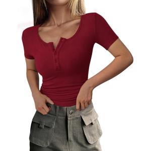 imagePRETTYGARDEN Womens 2025 Spring Summer Short Sleeve Tops Ribbed Henley Button Slim Fit Basic Casual T Shirts Blouse ClothingWine Red