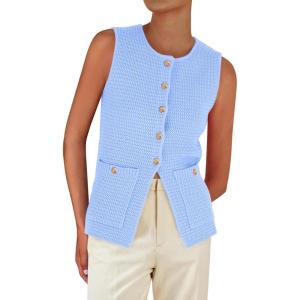 imagePRETTYGARDEN Womens Sweater Vests 2025 Summer Sleeveless Tank Tops Knit Button Down Cardigan Spring Trendy ClothesLight Blue