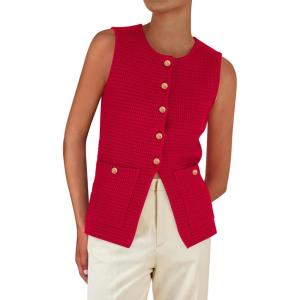 imagePRETTYGARDEN Womens Sweater Vests 2025 Summer Sleeveless Tank Tops Knit Button Down Cardigan Spring Trendy ClothesRed