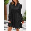 imagePRETTYGARDEN Womens Spring 2025 Long Puff Sleeve Mini Dress Hollow Out Lace V Neck A Line Ruffle Casual Party DressesBlack