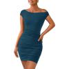 imagePRETTYGARDEN Womens 2025 Spring Mini Dress Sleeveless Off The Shoulder Ruched Short Fashion Bodycon Party Summer DressesPeacock Blue