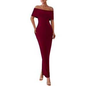 imagePRETTYGARDEN Off The Shoulder Dresses for Women 2025 Summer Elegant Bodycon Formal Cocktail Party Evening Maxi Long DressWine Red