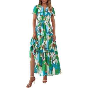 imagePRETTYGARDEN Womens 2025 Summer Boho Maxi Dresses Floral Short Sleeve V Neck A Line Tiered Flowy Long Beach Vacation DressGreen