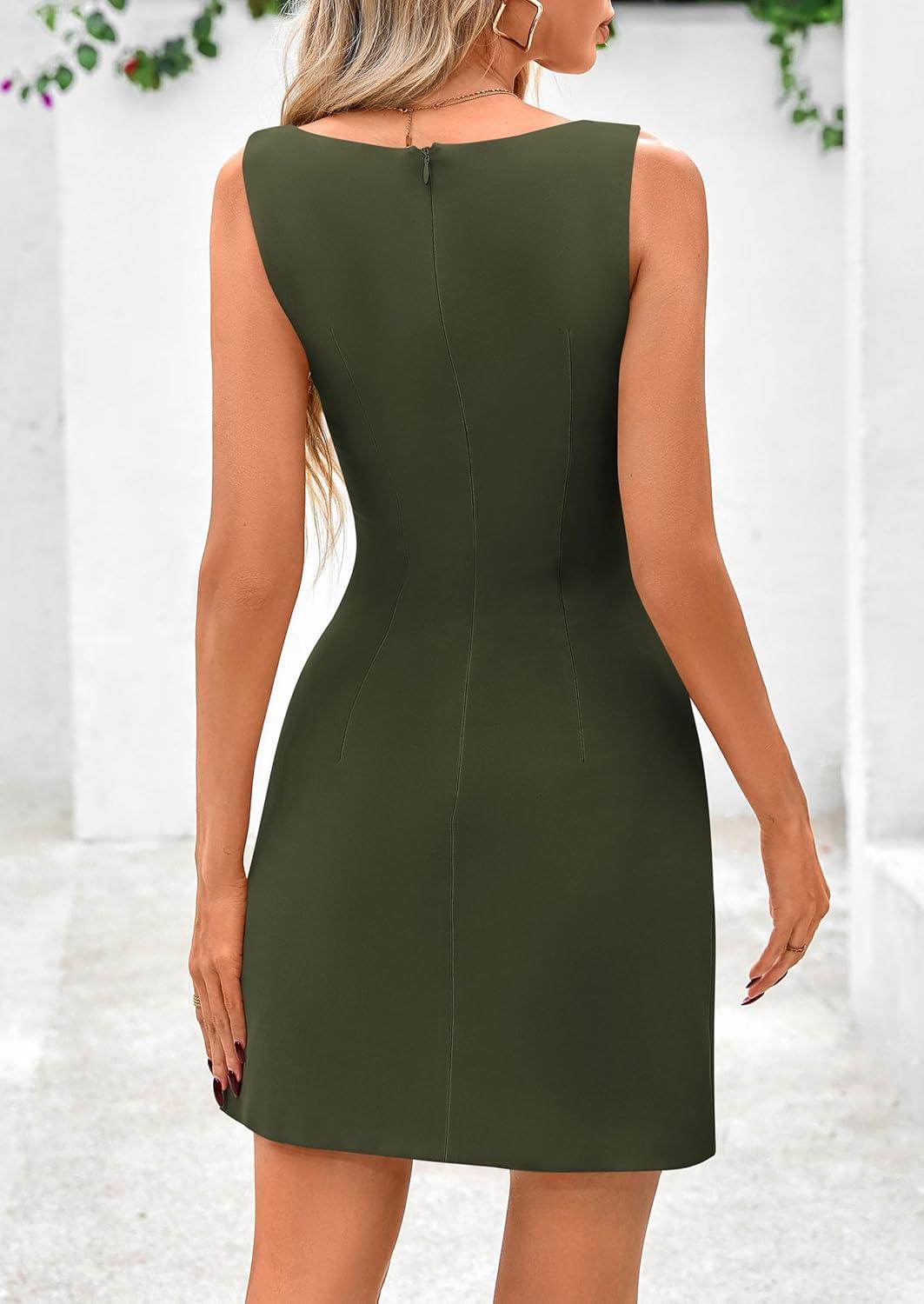 imagePRETTYGARDEN Womens 2025 Casual Sleeveless Summer Dresses Boat Neck Zipper Bodycon A Line Date Night Party Mini DressArmy Green