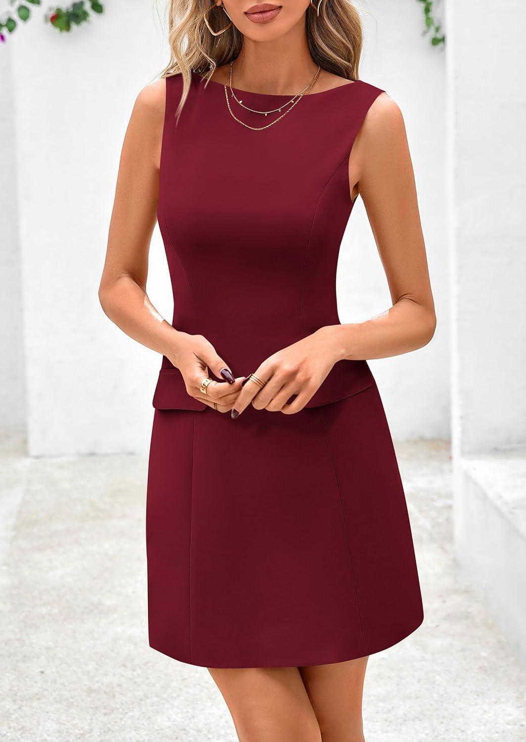imagePRETTYGARDEN Womens 2025 Casual Sleeveless Summer Dresses Boat Neck Zipper Bodycon A Line Date Night Party Mini DressWine Red