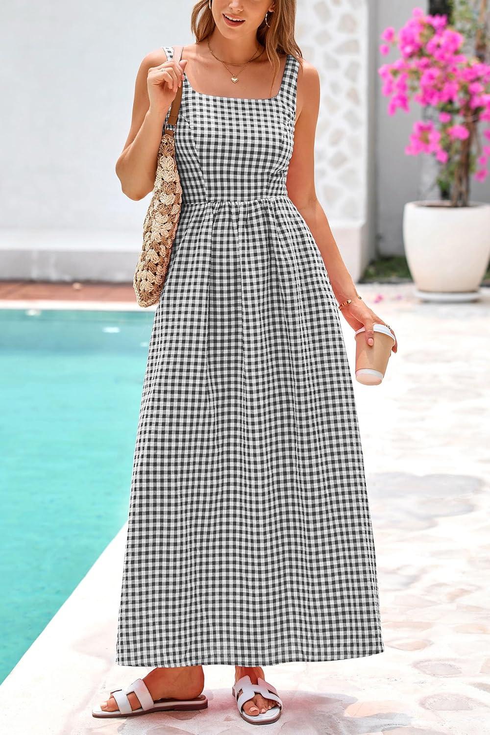 imagePRETTYGARDEN Womens 2025 Summer Spaghetti Strap Maxi Dresses Plaid Square Neck A Line Casual Beach Vacation Long SundressBlack