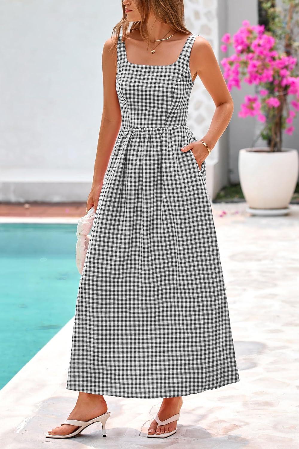 imagePRETTYGARDEN Womens 2025 Summer Spaghetti Strap Maxi Dresses Plaid Square Neck A Line Casual Beach Vacation Long SundressBlack