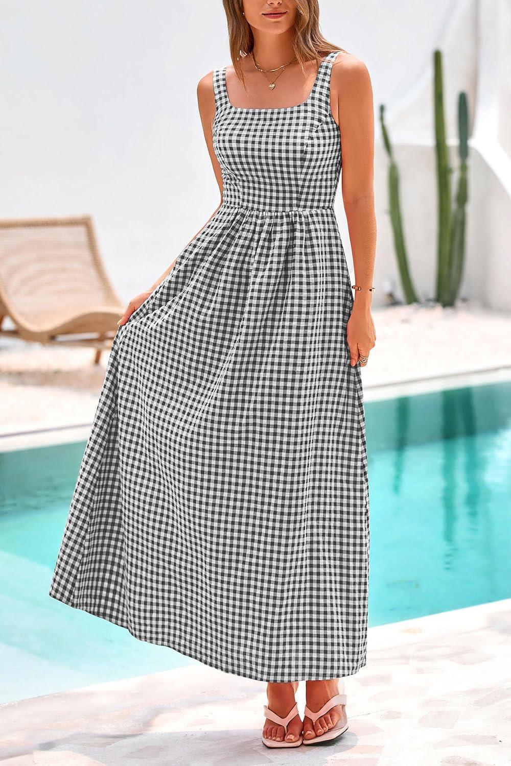 imagePRETTYGARDEN Womens 2025 Summer Spaghetti Strap Maxi Dresses Plaid Square Neck A Line Casual Beach Vacation Long SundressBlack