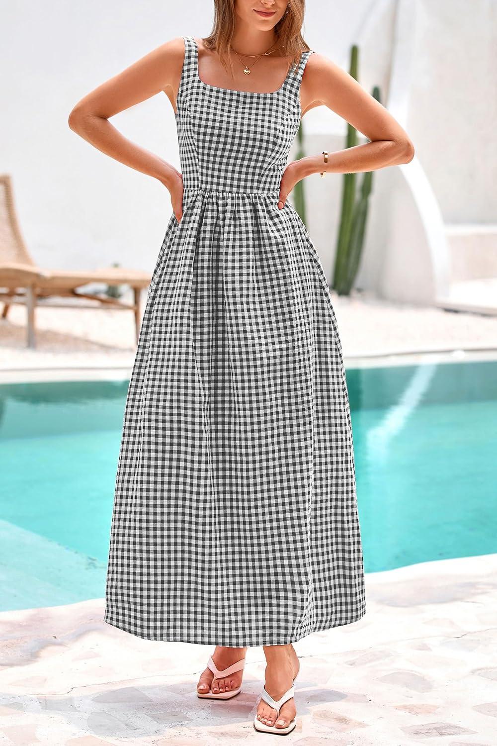 imagePRETTYGARDEN Womens 2025 Summer Spaghetti Strap Maxi Dresses Plaid Square Neck A Line Casual Beach Vacation Long SundressBlack
