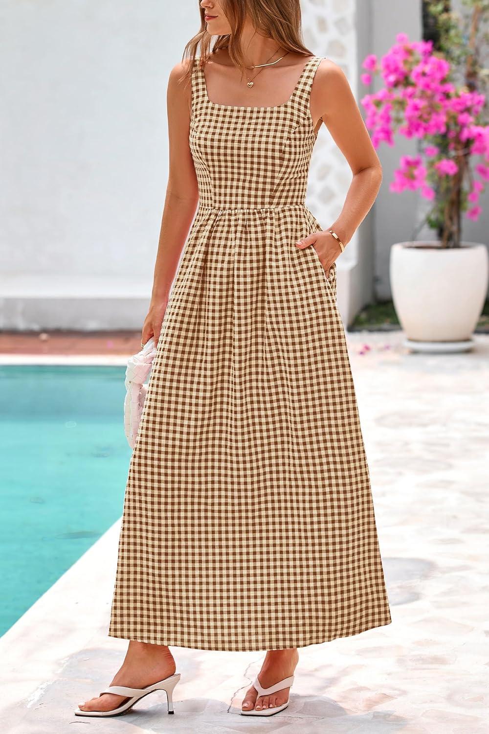 imagePRETTYGARDEN Womens 2025 Summer Spaghetti Strap Maxi Dresses Plaid Square Neck A Line Casual Beach Vacation Long SundressCoffee