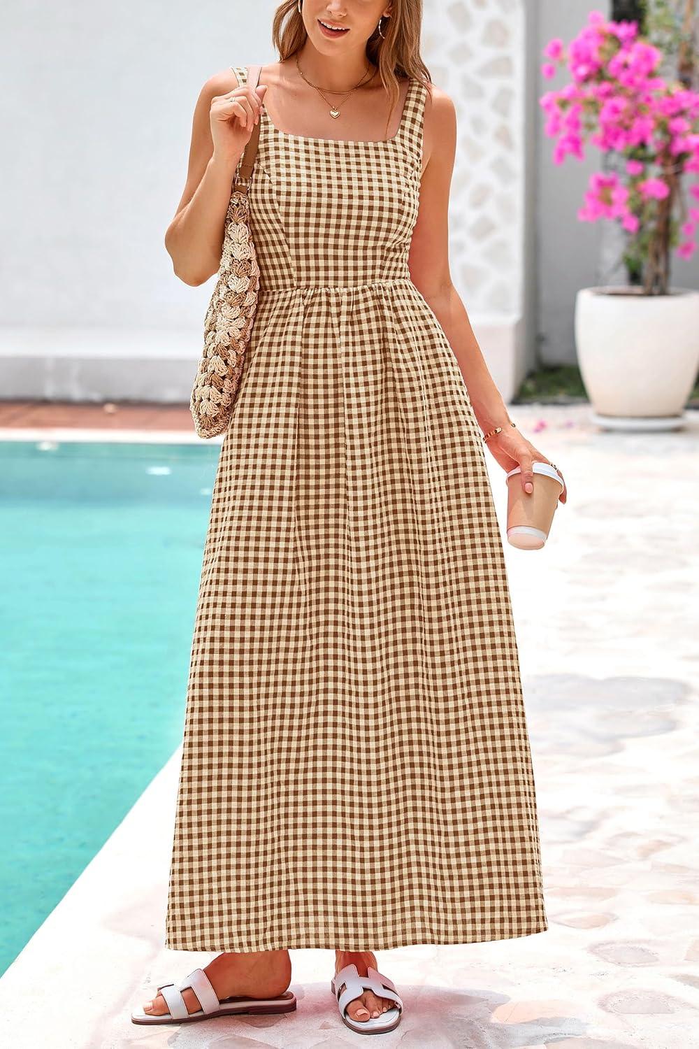 imagePRETTYGARDEN Womens 2025 Summer Spaghetti Strap Maxi Dresses Plaid Square Neck A Line Casual Beach Vacation Long SundressCoffee