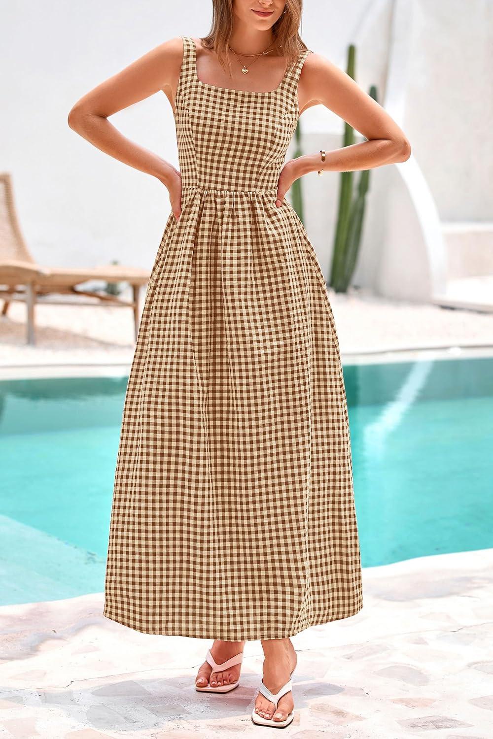 imagePRETTYGARDEN Womens 2025 Summer Spaghetti Strap Maxi Dresses Plaid Square Neck A Line Casual Beach Vacation Long SundressCoffee