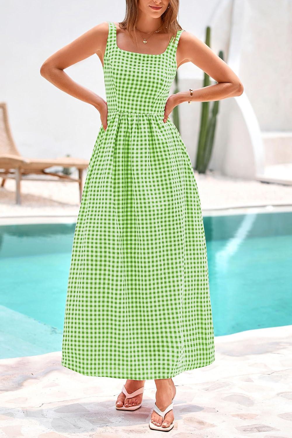 imagePRETTYGARDEN Womens 2025 Summer Spaghetti Strap Maxi Dresses Plaid Square Neck A Line Casual Beach Vacation Long SundressGreen