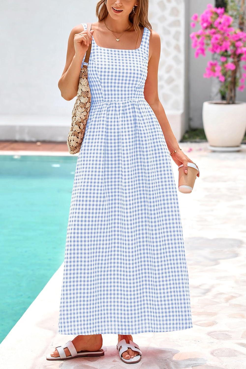 imagePRETTYGARDEN Womens 2025 Summer Spaghetti Strap Maxi Dresses Plaid Square Neck A Line Casual Beach Vacation Long SundressLight Blue