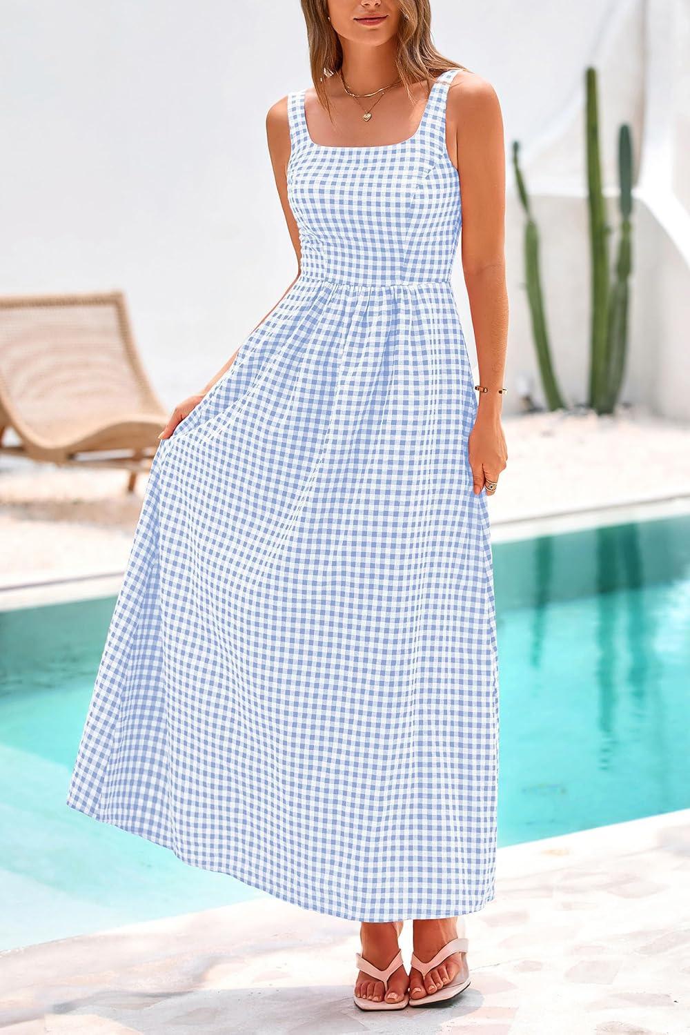 imagePRETTYGARDEN Womens 2025 Summer Spaghetti Strap Maxi Dresses Plaid Square Neck A Line Casual Beach Vacation Long SundressLight Blue