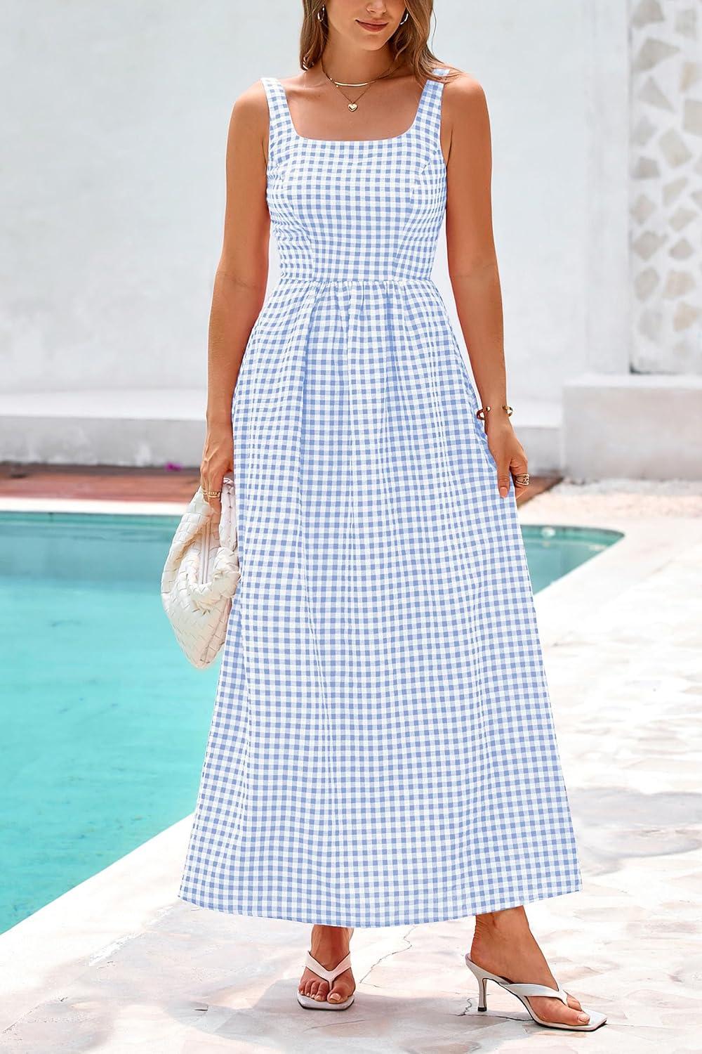imagePRETTYGARDEN Womens 2025 Summer Spaghetti Strap Maxi Dresses Plaid Square Neck A Line Casual Beach Vacation Long SundressLight Blue