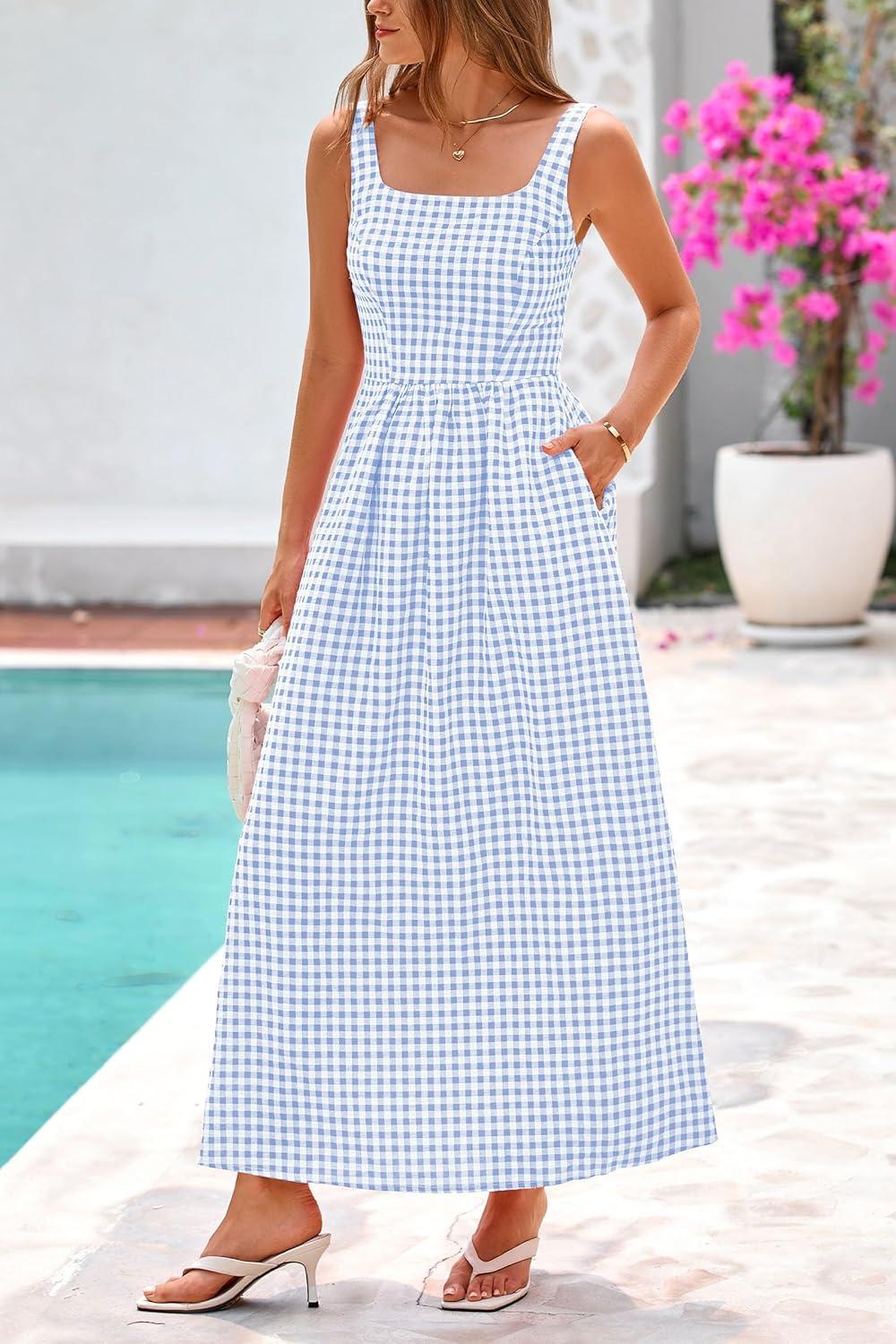 imagePRETTYGARDEN Womens 2025 Summer Spaghetti Strap Maxi Dresses Plaid Square Neck A Line Casual Beach Vacation Long SundressLight Blue