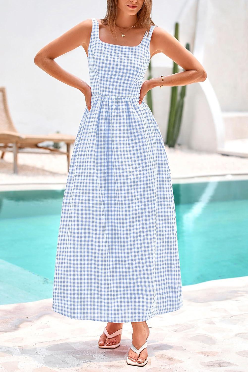 imagePRETTYGARDEN Womens 2025 Summer Spaghetti Strap Maxi Dresses Plaid Square Neck A Line Casual Beach Vacation Long SundressLight Blue