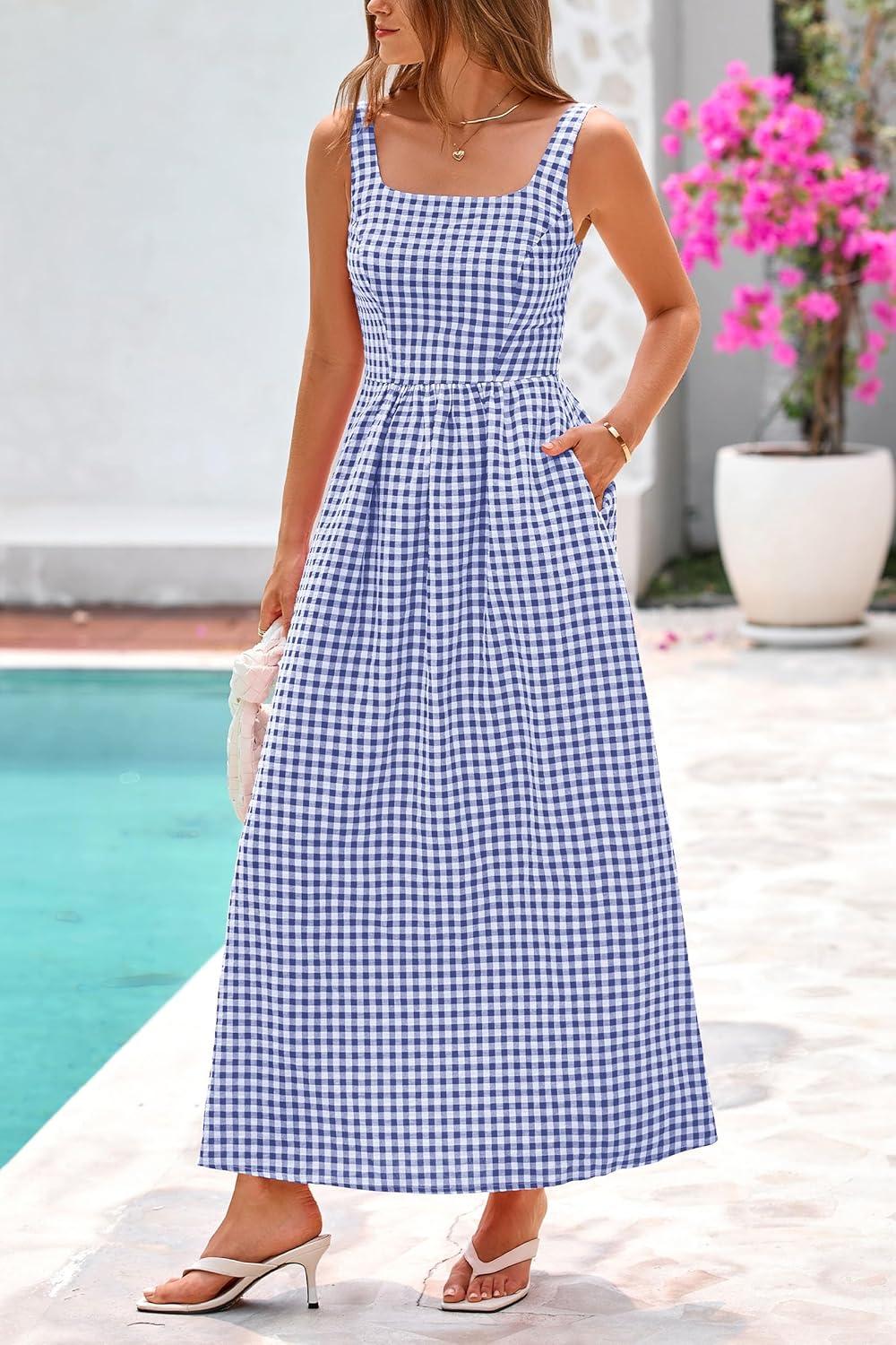 imagePRETTYGARDEN Womens 2025 Summer Spaghetti Strap Maxi Dresses Plaid Square Neck A Line Casual Beach Vacation Long SundressNavy