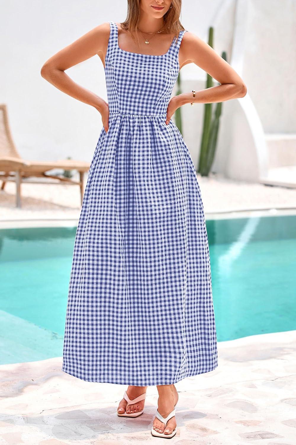 imagePRETTYGARDEN Womens 2025 Summer Spaghetti Strap Maxi Dresses Plaid Square Neck A Line Casual Beach Vacation Long SundressNavy