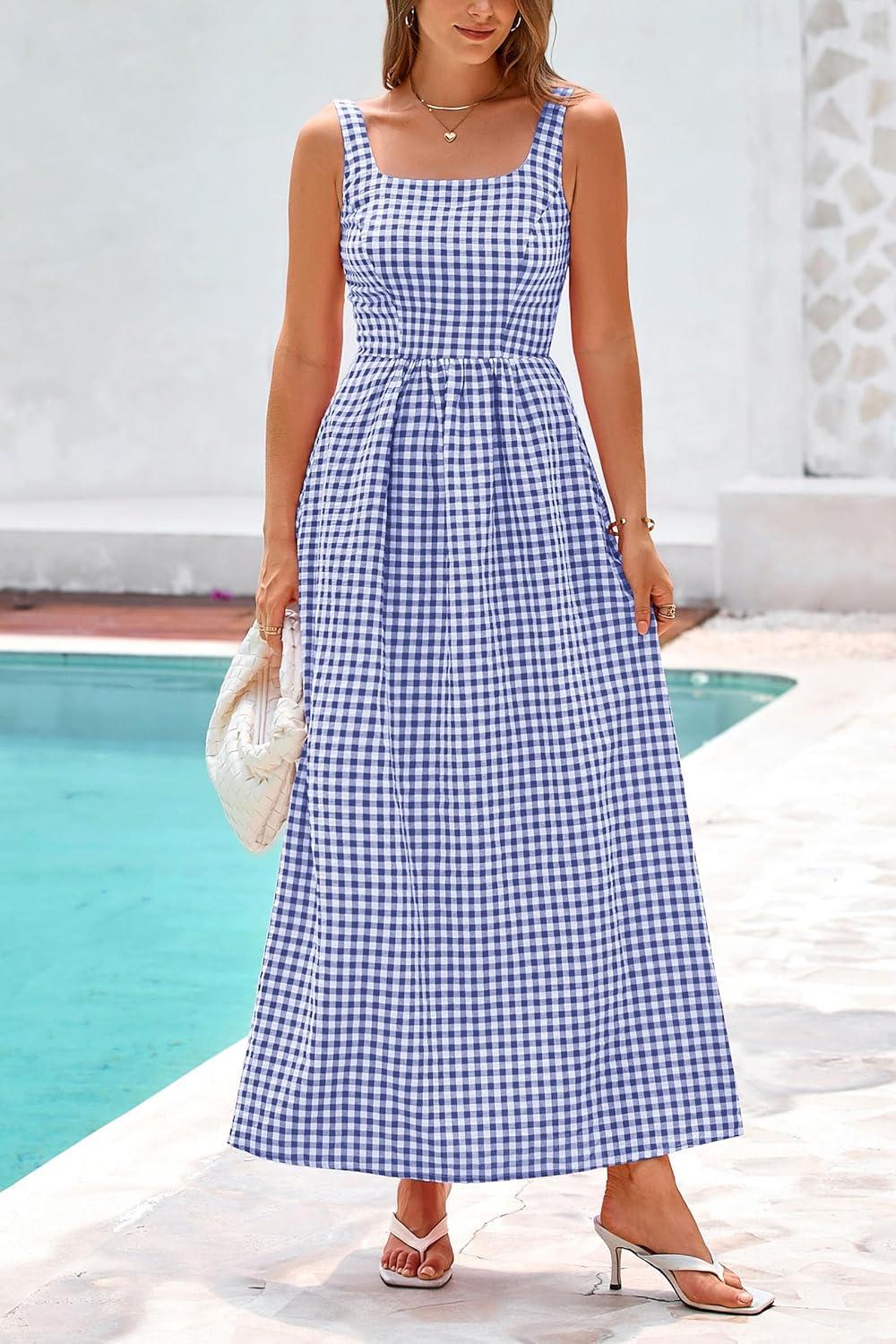 imagePRETTYGARDEN Womens 2025 Summer Spaghetti Strap Maxi Dresses Plaid Square Neck A Line Casual Beach Vacation Long SundressNavy