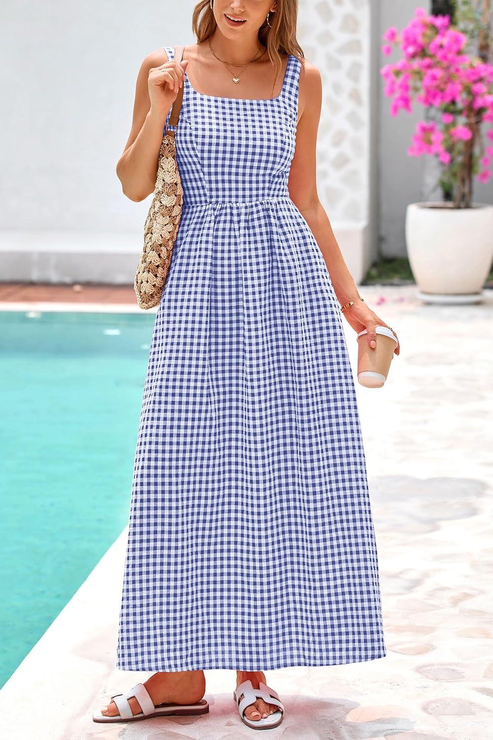 imagePRETTYGARDEN Womens 2025 Summer Spaghetti Strap Maxi Dresses Plaid Square Neck A Line Casual Beach Vacation Long SundressNavy
