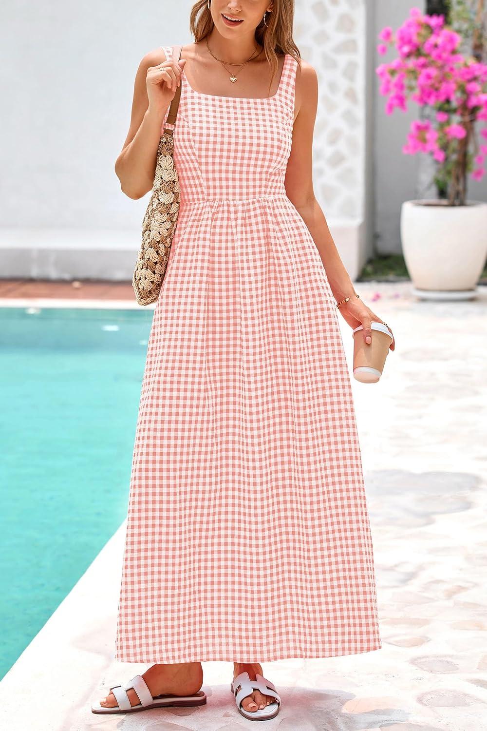 imagePRETTYGARDEN Womens 2025 Summer Spaghetti Strap Maxi Dresses Plaid Square Neck A Line Casual Beach Vacation Long SundressPink