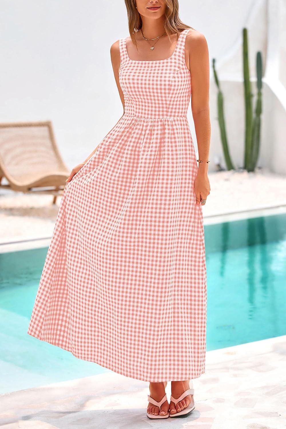 imagePRETTYGARDEN Womens 2025 Summer Spaghetti Strap Maxi Dresses Plaid Square Neck A Line Casual Beach Vacation Long SundressPink
