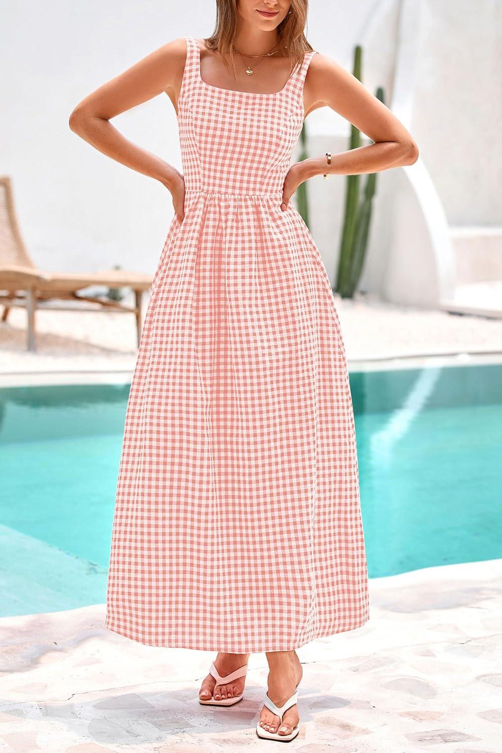 imagePRETTYGARDEN Womens 2025 Summer Spaghetti Strap Maxi Dresses Plaid Square Neck A Line Casual Beach Vacation Long SundressPink