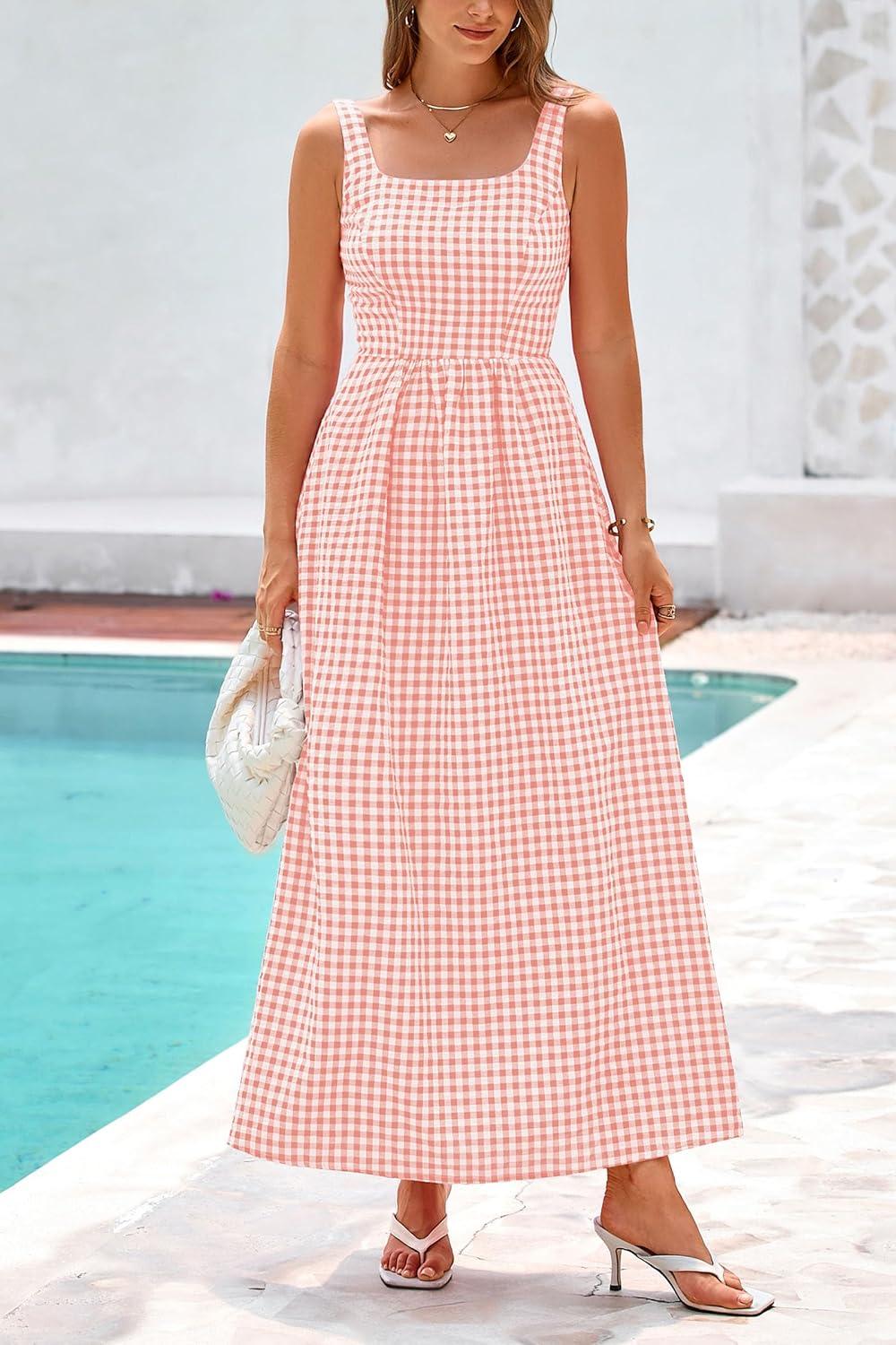 imagePRETTYGARDEN Womens 2025 Summer Spaghetti Strap Maxi Dresses Plaid Square Neck A Line Casual Beach Vacation Long SundressPink