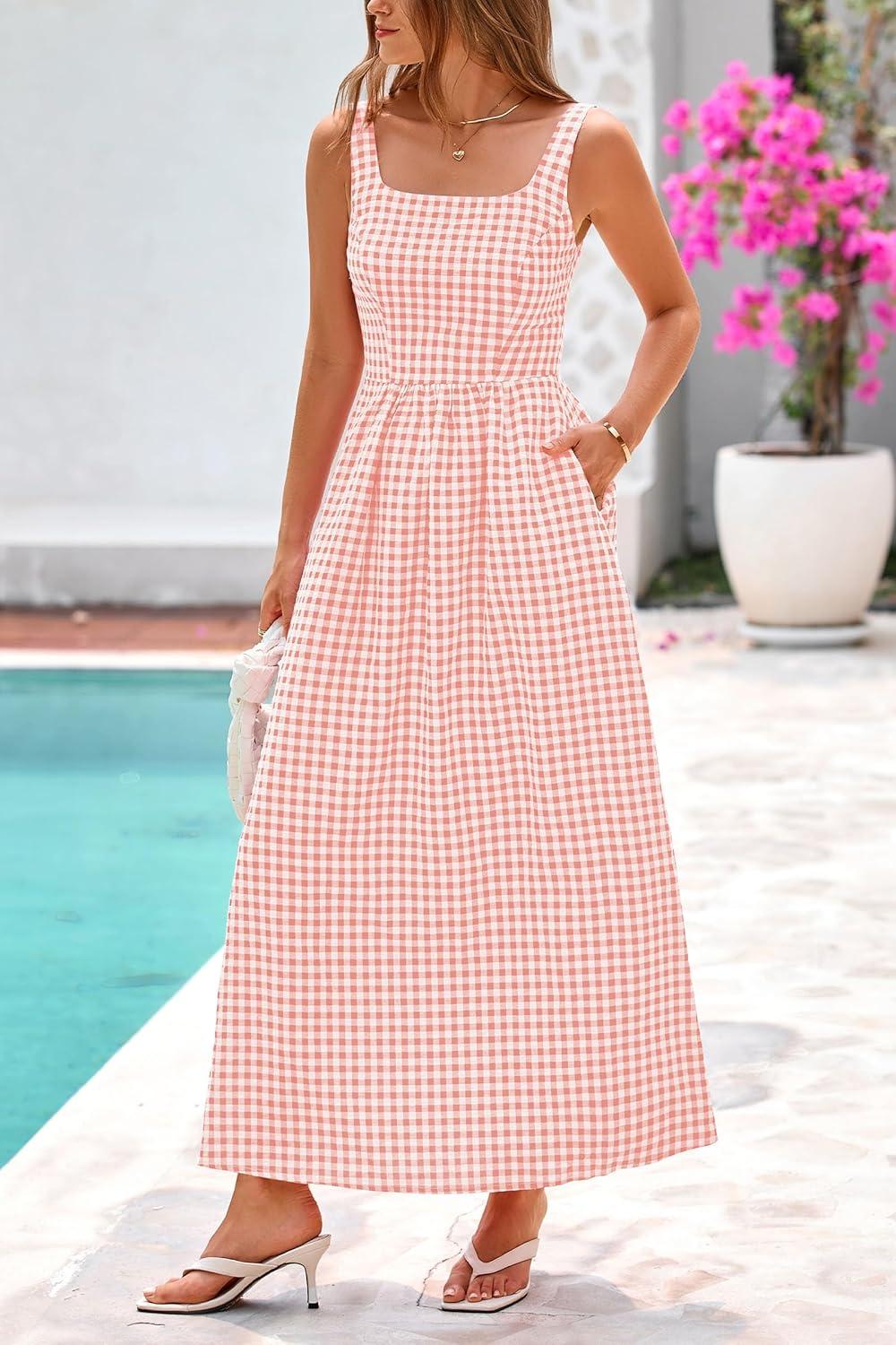 imagePRETTYGARDEN Womens 2025 Summer Spaghetti Strap Maxi Dresses Plaid Square Neck A Line Casual Beach Vacation Long SundressPink