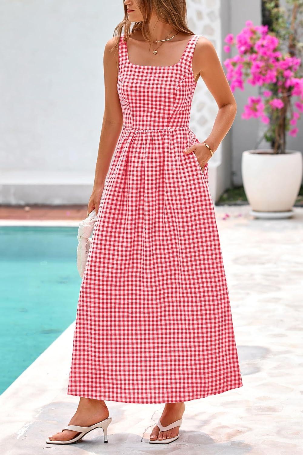 imagePRETTYGARDEN Womens 2025 Summer Spaghetti Strap Maxi Dresses Plaid Square Neck A Line Casual Beach Vacation Long SundressRed
