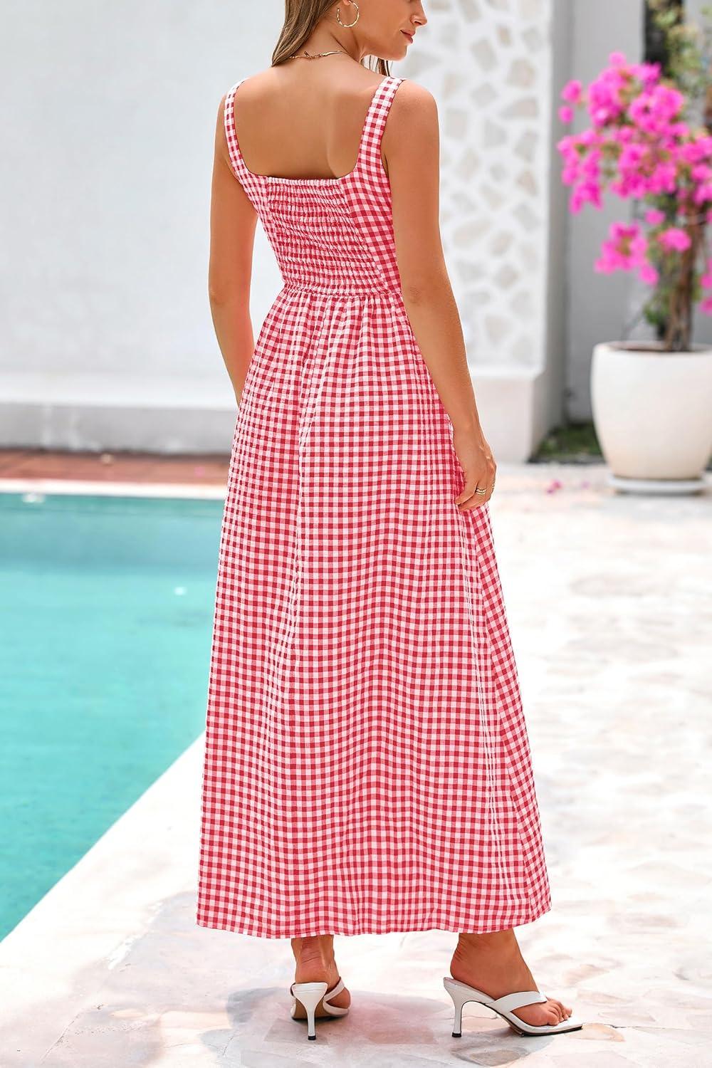 imagePRETTYGARDEN Womens 2025 Summer Spaghetti Strap Maxi Dresses Plaid Square Neck A Line Casual Beach Vacation Long SundressRed