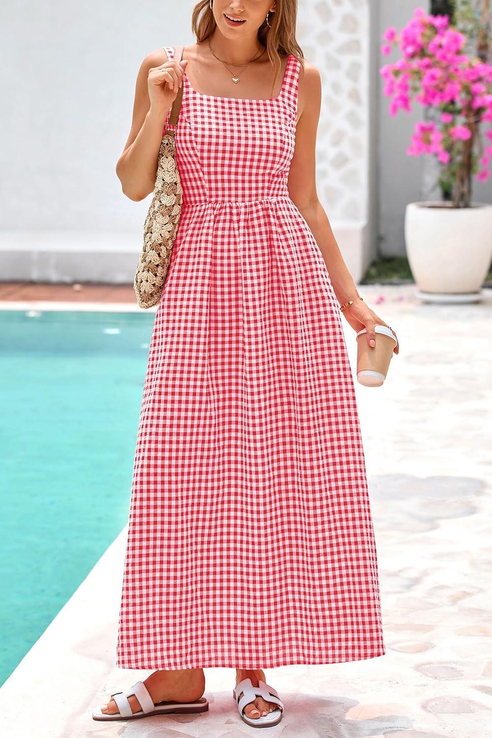 imagePRETTYGARDEN Womens 2025 Summer Spaghetti Strap Maxi Dresses Plaid Square Neck A Line Casual Beach Vacation Long SundressRed