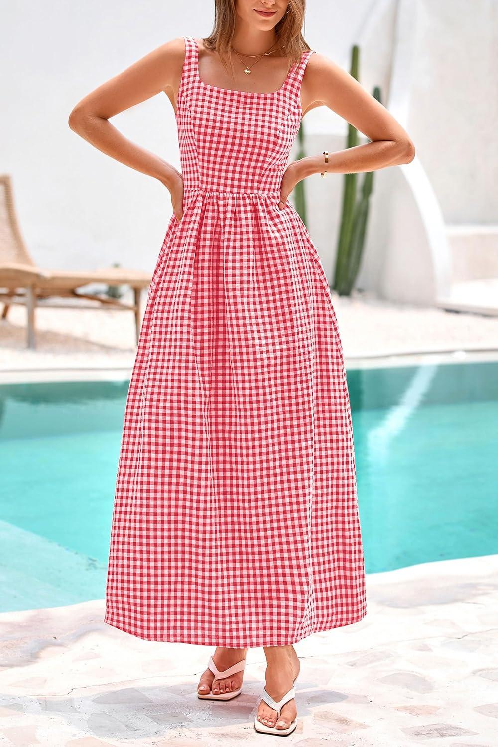 imagePRETTYGARDEN Womens 2025 Summer Spaghetti Strap Maxi Dresses Plaid Square Neck A Line Casual Beach Vacation Long SundressRed