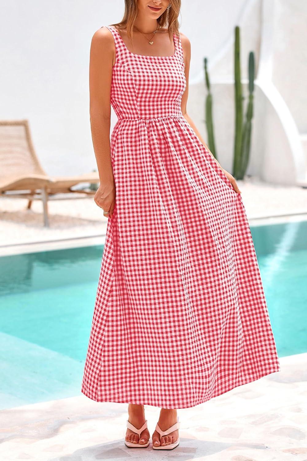 imagePRETTYGARDEN Womens 2025 Summer Spaghetti Strap Maxi Dresses Plaid Square Neck A Line Casual Beach Vacation Long SundressRed