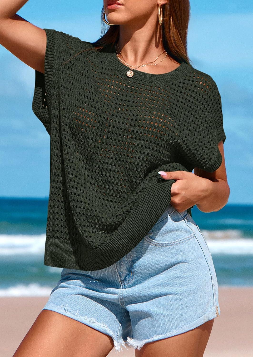 imagePRETTYGARDEN Womens Spring Tops 2025 Summer Shirts Crochet Cap Sleeve Sweater Pullover Cute Crew Neck Beach Cover UpsArmy Green