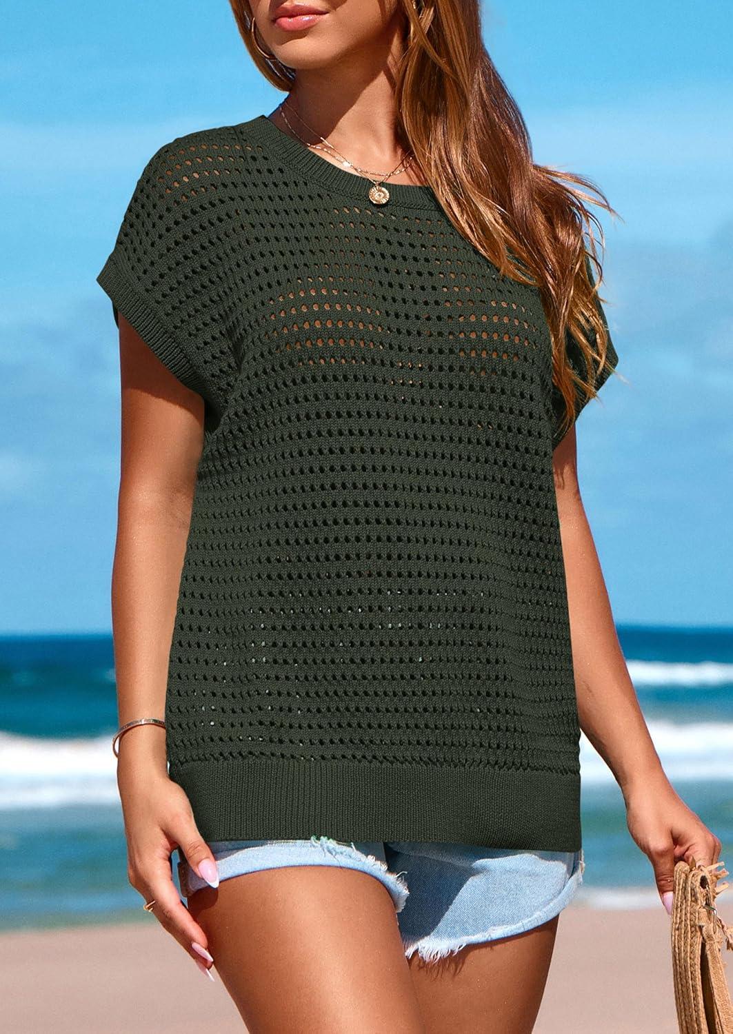 imagePRETTYGARDEN Womens Spring Tops 2025 Summer Shirts Crochet Cap Sleeve Sweater Pullover Cute Crew Neck Beach Cover UpsArmy Green