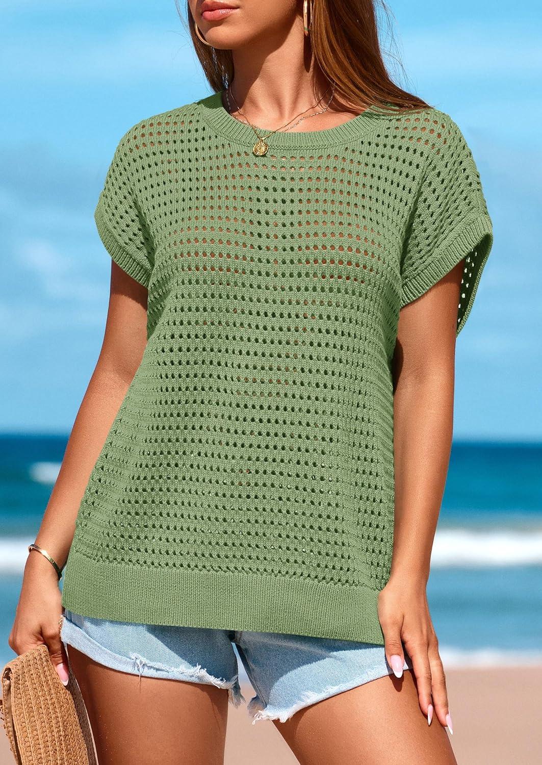 imagePRETTYGARDEN Womens Spring Tops 2025 Summer Shirts Crochet Cap Sleeve Sweater Pullover Cute Crew Neck Beach Cover UpsBean Green