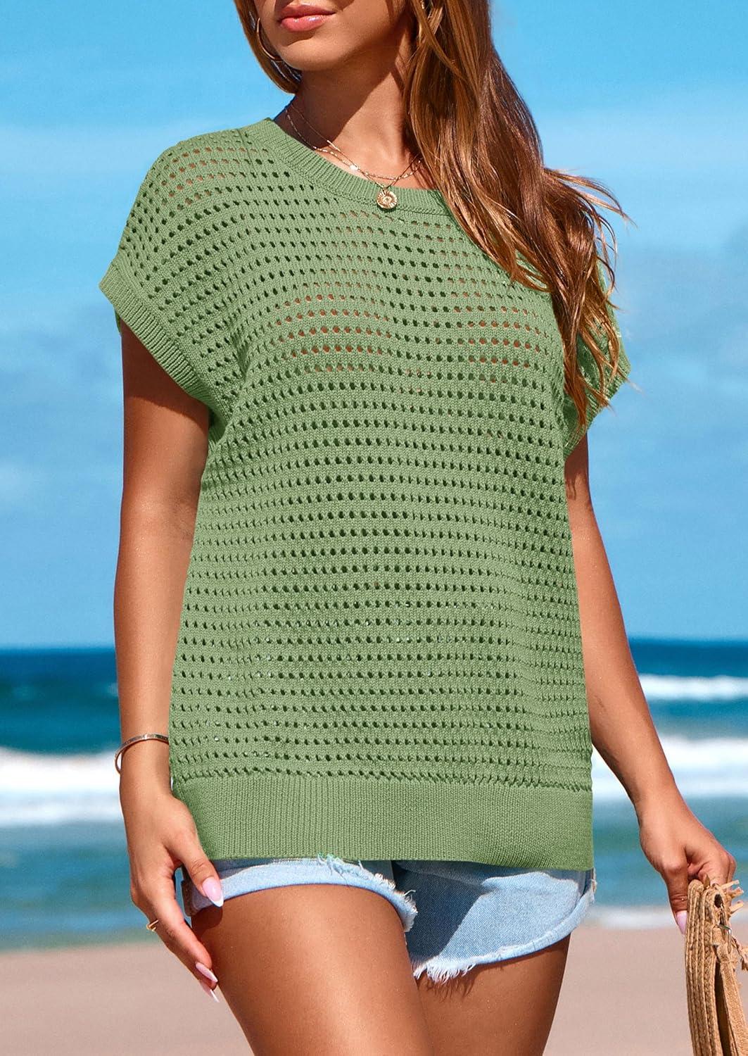 imagePRETTYGARDEN Womens Spring Tops 2025 Summer Shirts Crochet Cap Sleeve Sweater Pullover Cute Crew Neck Beach Cover UpsBean Green