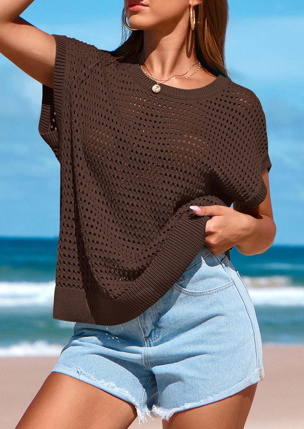 imagePRETTYGARDEN Womens Spring Tops 2025 Summer Shirts Crochet Cap Sleeve Sweater Pullover Cute Crew Neck Beach Cover UpsCoffee