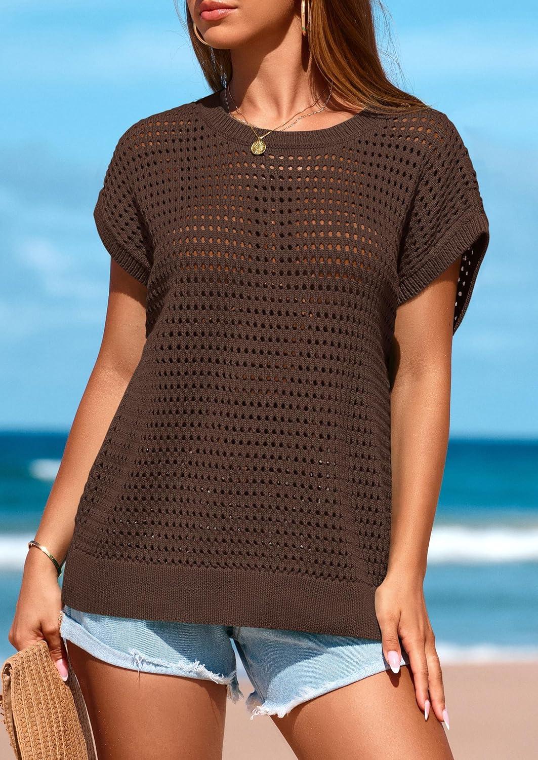 imagePRETTYGARDEN Womens Spring Tops 2025 Summer Shirts Crochet Cap Sleeve Sweater Pullover Cute Crew Neck Beach Cover UpsCoffee