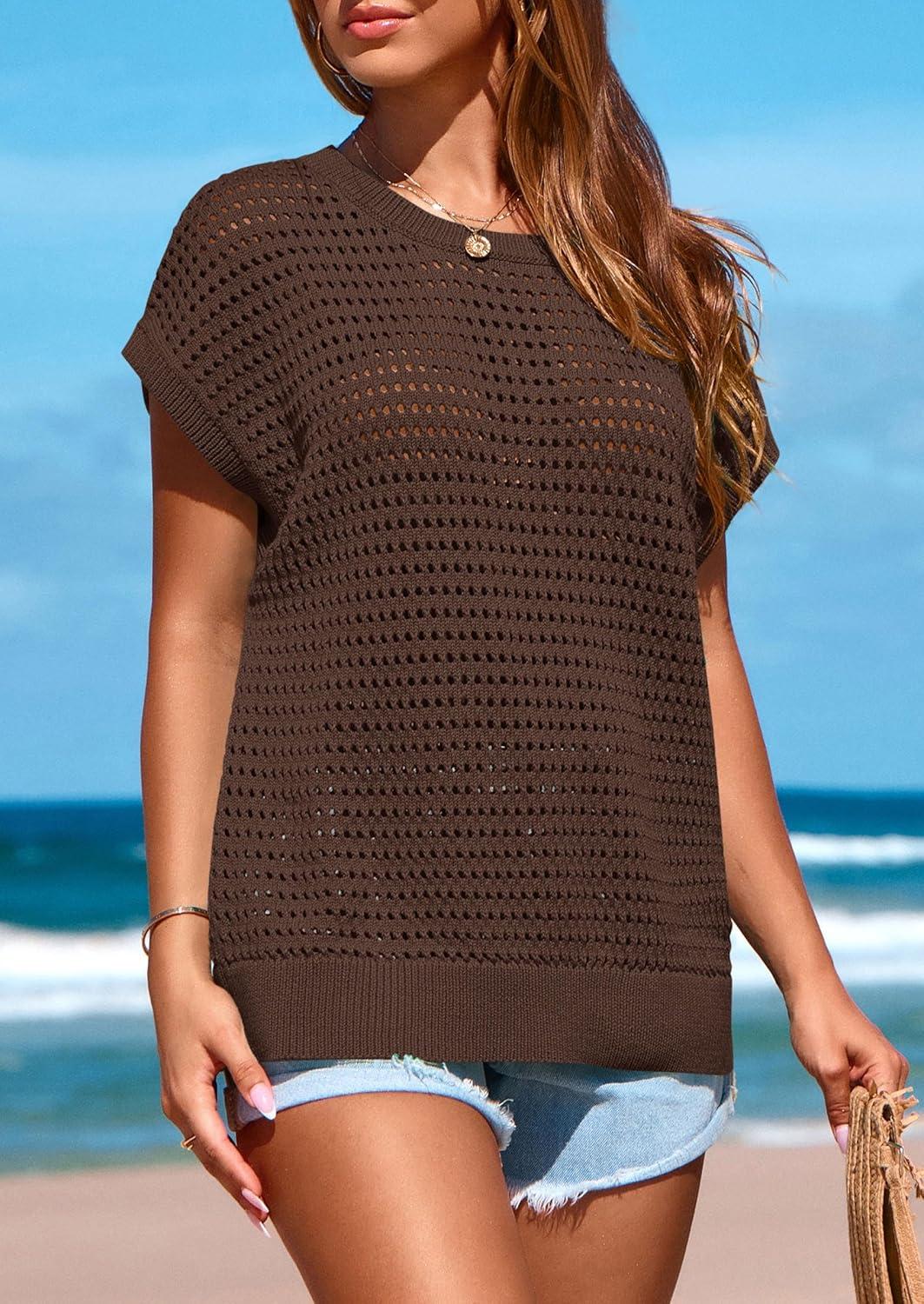 imagePRETTYGARDEN Womens Spring Tops 2025 Summer Shirts Crochet Cap Sleeve Sweater Pullover Cute Crew Neck Beach Cover UpsCoffee