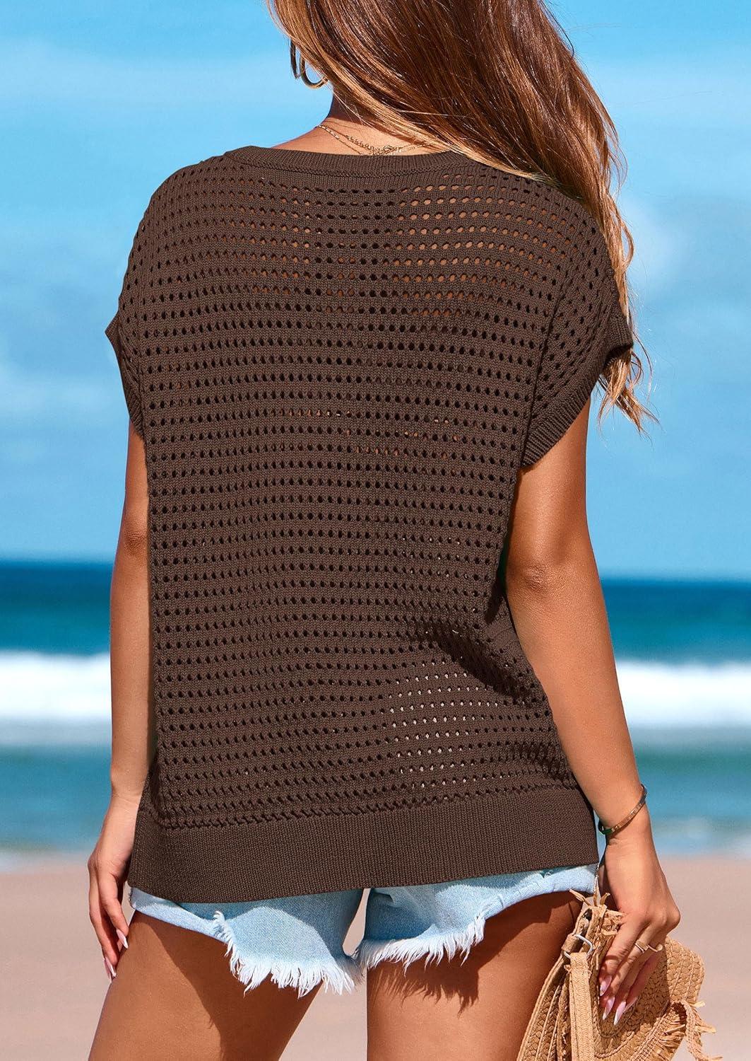 imagePRETTYGARDEN Womens Spring Tops 2025 Summer Shirts Crochet Cap Sleeve Sweater Pullover Cute Crew Neck Beach Cover UpsCoffee