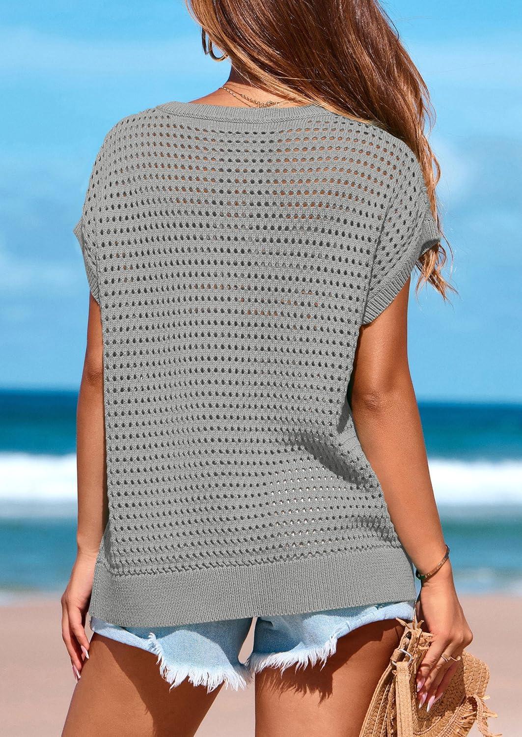 imagePRETTYGARDEN Womens Spring Tops 2025 Summer Shirts Crochet Cap Sleeve Sweater Pullover Cute Crew Neck Beach Cover UpsGrey