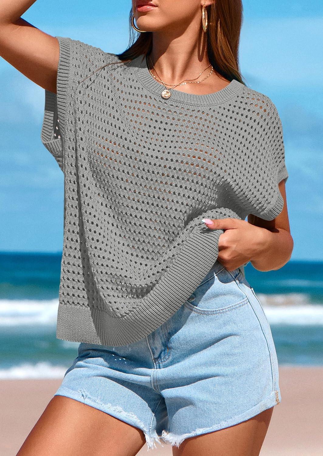 imagePRETTYGARDEN Womens Spring Tops 2025 Summer Shirts Crochet Cap Sleeve Sweater Pullover Cute Crew Neck Beach Cover UpsGrey