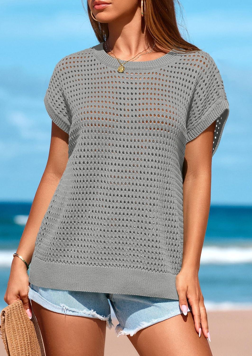 imagePRETTYGARDEN Womens Spring Tops 2025 Summer Shirts Crochet Cap Sleeve Sweater Pullover Cute Crew Neck Beach Cover UpsGrey