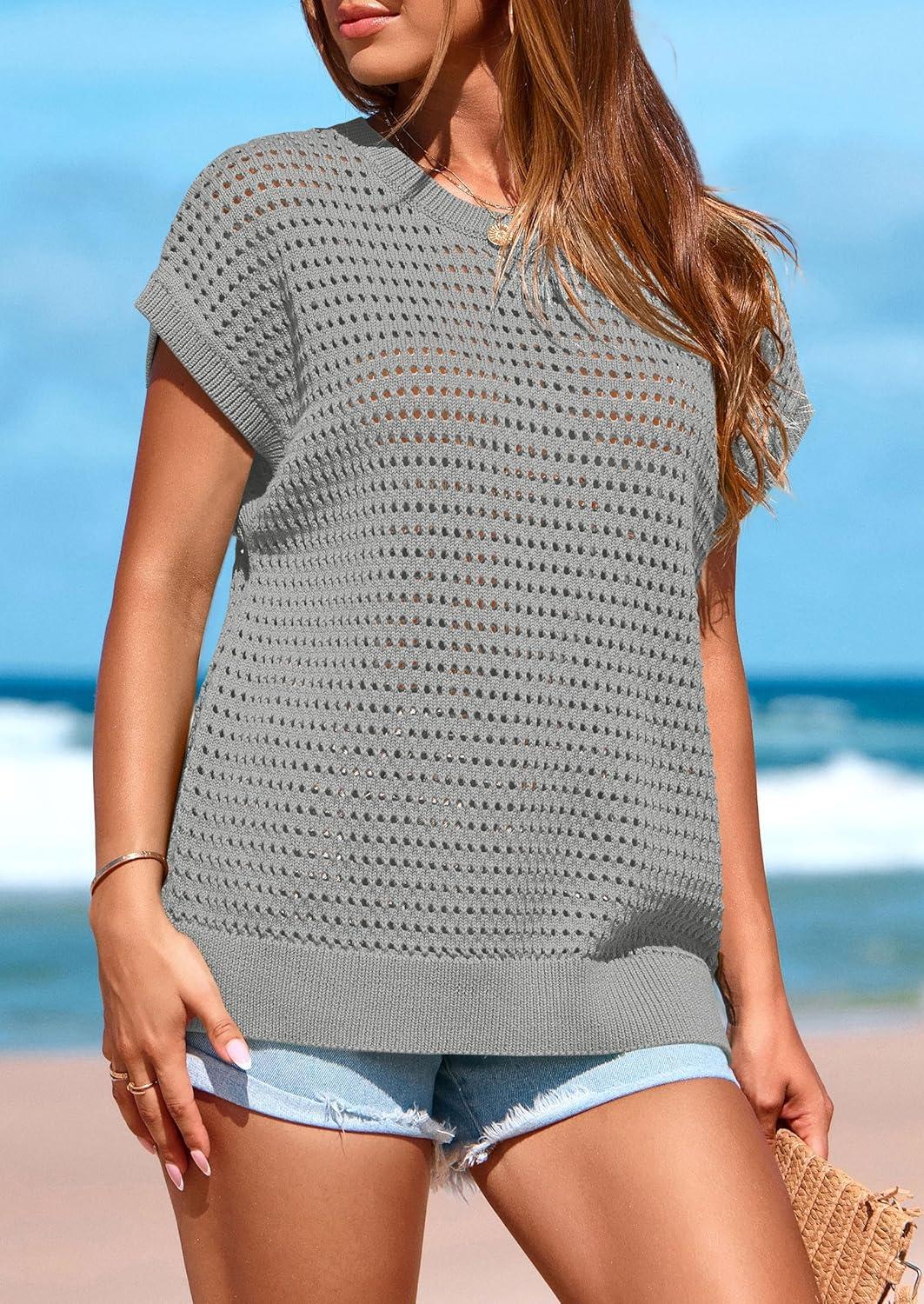 imagePRETTYGARDEN Womens Spring Tops 2025 Summer Shirts Crochet Cap Sleeve Sweater Pullover Cute Crew Neck Beach Cover UpsGrey