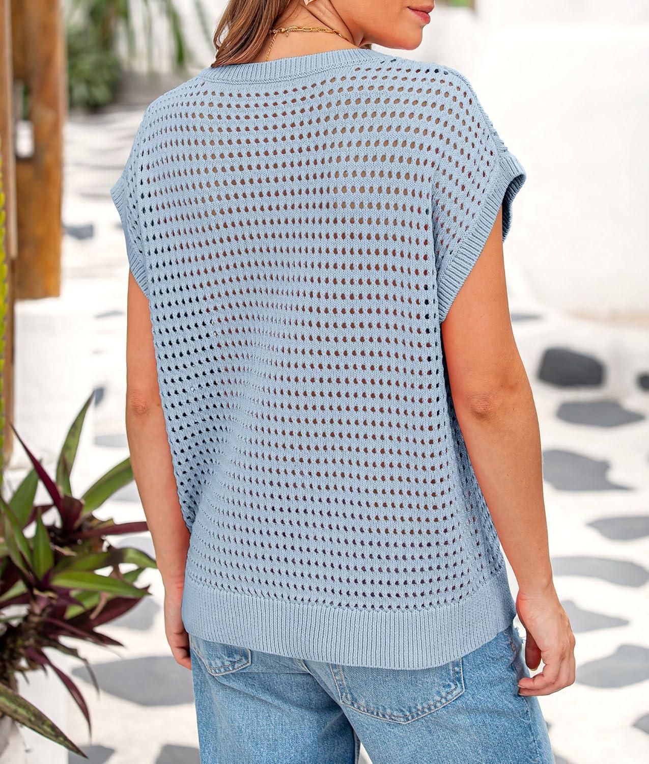 imagePRETTYGARDEN Womens Spring Tops 2025 Summer Shirts Crochet Cap Sleeve Sweater Pullover Cute Crew Neck Beach Cover UpsLight Blue